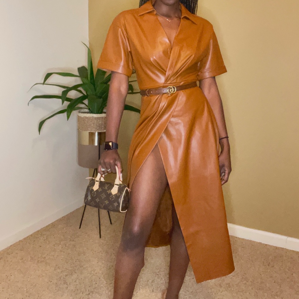 Zara Brown Faux Leather Faux Wrap Shirt Dress - Picture 16 of 16
